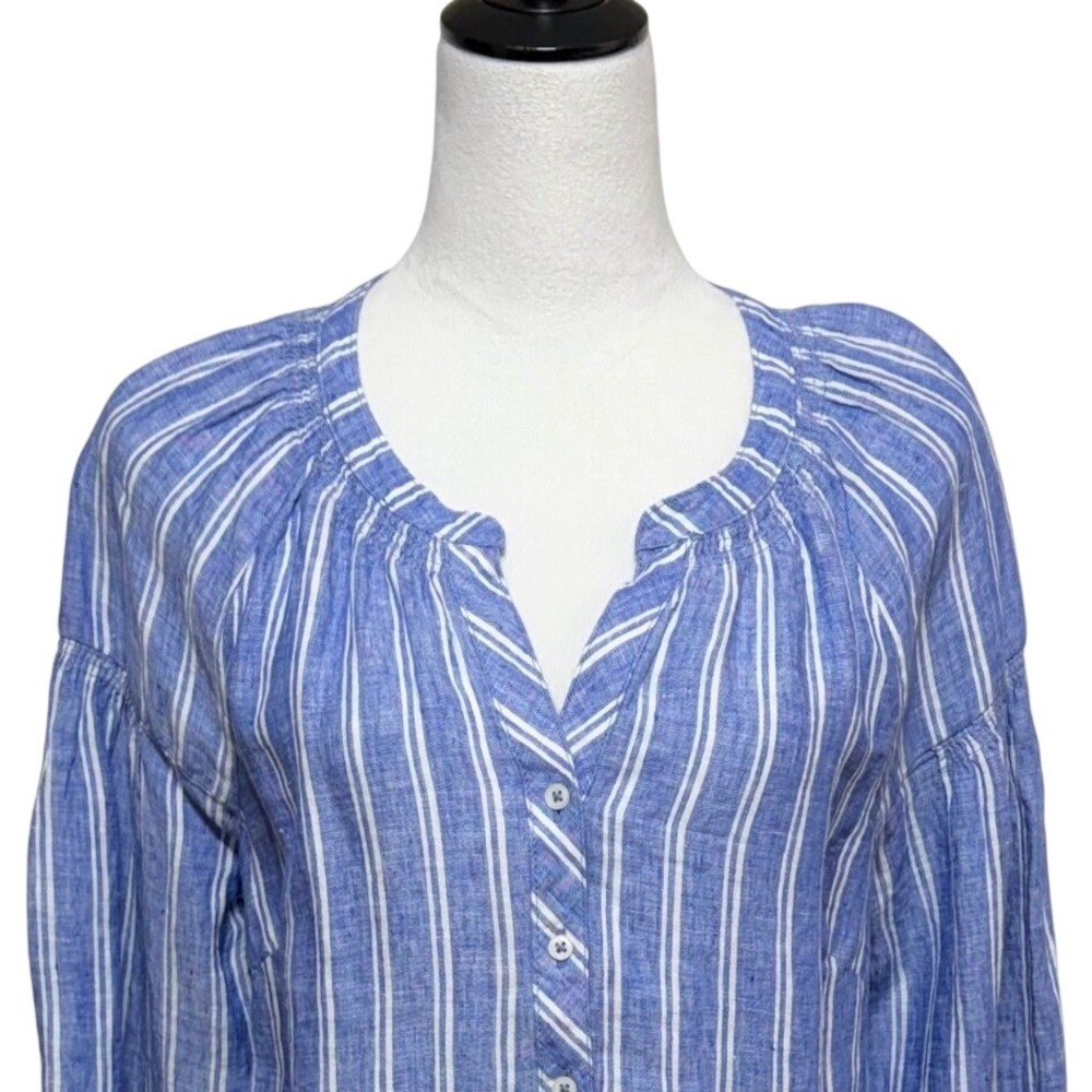 NEW Talbots Linen Tunic Womens Medium Blue White Stripe Long Sleeve V-Neck Top